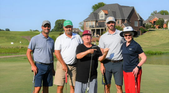 Rob Sharp’s team_Overall Winners.jpg – Sharp’s team was the overall winner of DSCC’s Ed Lannom, Jr. Memorial Golf Tournament, held Friday, Sept. 10. Winners posing with Dr. Bowyer, president of DSCC included (from left) Mark Jagello, Mike Mallard, Mike Bevis and Rob Sharp.