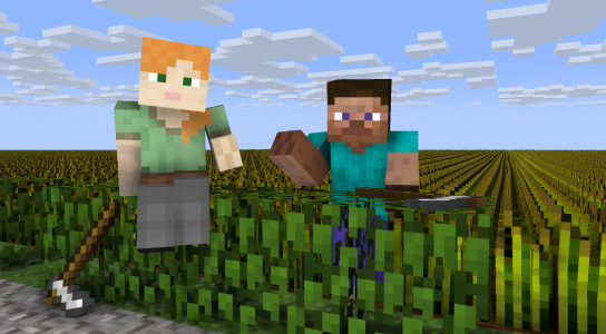 Minecraft's Alex and Steve stand in a farming field holding a hoe and waving.